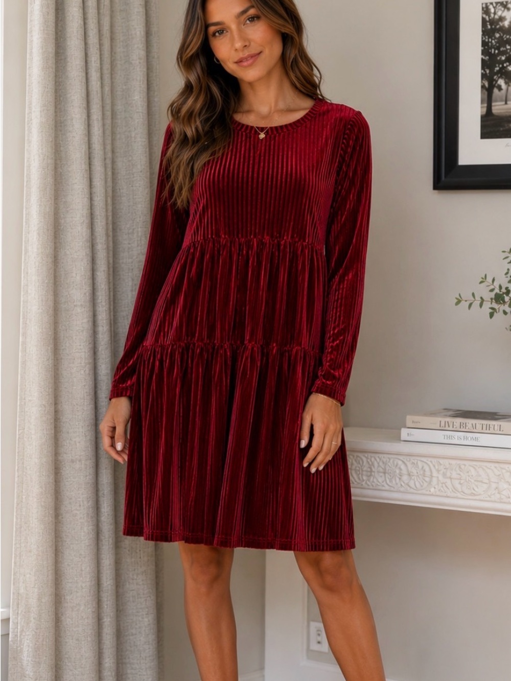 Women's Long Sleeve Velvet Tiered Dress - Burgundy